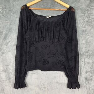 Womens Top XL Black Velvet Burnout Whimsigoth Crop Floral Babydoll Fairy Grunge
